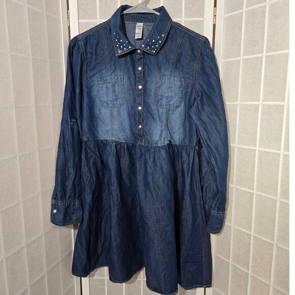 Justice Girls Denim Tunic Blue Studd Collar Roll Sleeve Dress Size: 14/16 Plus - Picture 1 of 7